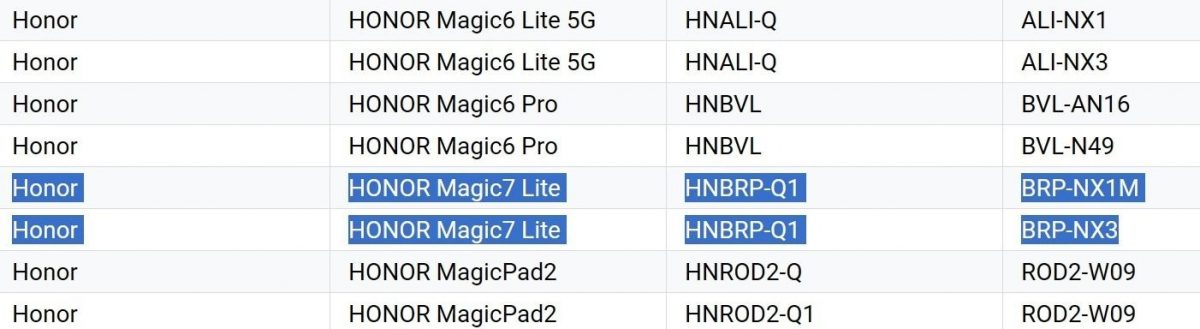 Honor Magic7 Lite listattuna.