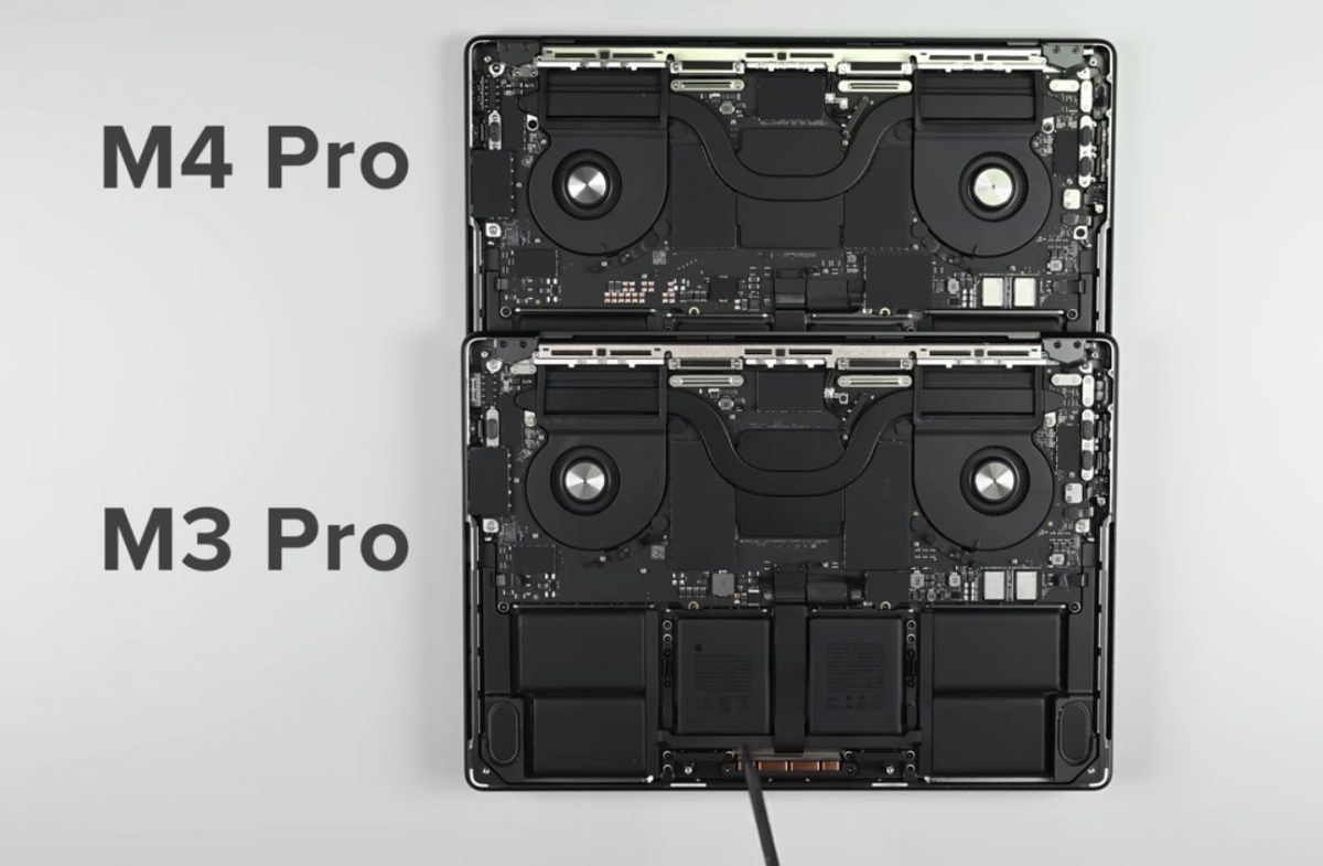 M4 Pro ja M3 Pro MacBook Pro iFixitin vertailussa. Kuvankaappaus videolta.