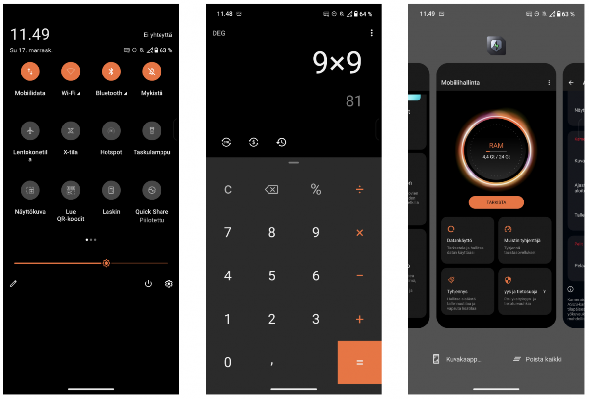 ROG Phone 9 Pron ohjelmiston pika-asetusnäkymä, Laskin-sovellus ja viimeisimpien sovellusten näkymä.