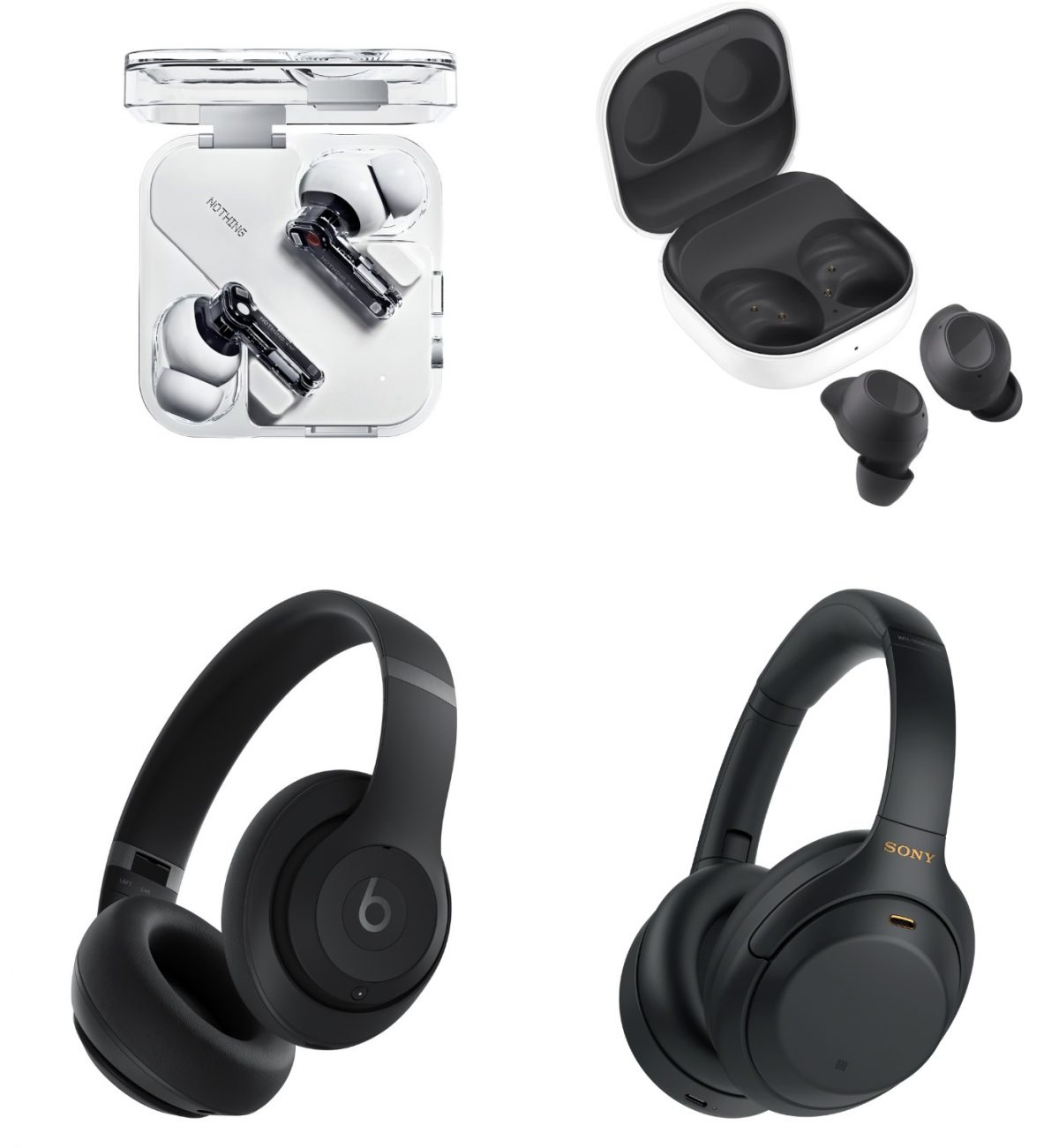 Nothing Ear, Samsung Galaxy Buds FE, Beats Studio Pro ja Sony WH-1000XM4.