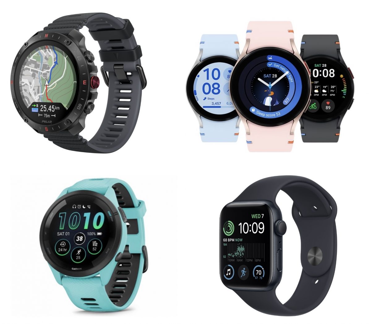 Polar Grit X2 Pro, Samsung Galaxy Watch FE, Garmin Forerunner 265 ja Apple Watch SE (44 mm GPS).