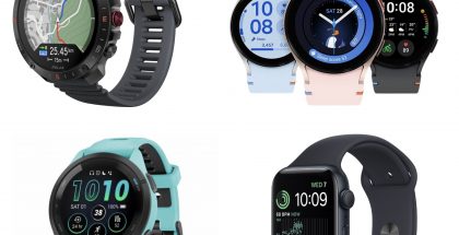 Polar Grit X2 Pro, Samsung Galaxy Watch FE, Garmin Forerunner 265 ja Apple Watch SE (44 mm GPS).