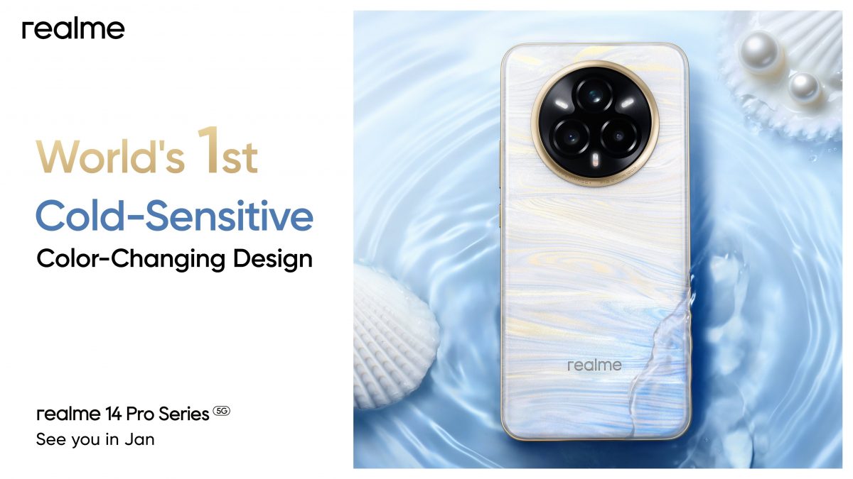 Realme 14 Pro+:n Pearl White -värivaihtoehdon väri muuttuu lämpötilan perusteella.
