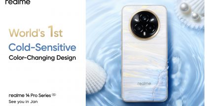 Realme 14 Pro+:n Pearl White -värivaihtoehdon väri muuttuu lämpötilan perusteella.