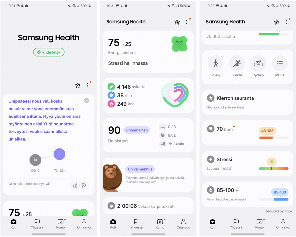 Samsung Health -sovelluksen päänäkymä tarjoaa hyvän kokonaiskattauksen aktiivisuuteen ja hyvinvointiin. Kaiken näkeminen vaatii kuitenkin selaamista.