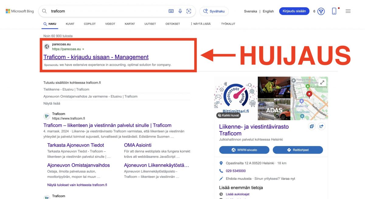 Traficomia haettaessa Bingissä ensimmäisenä näkyy nyt maksettuna mainoksena huijaussivu.