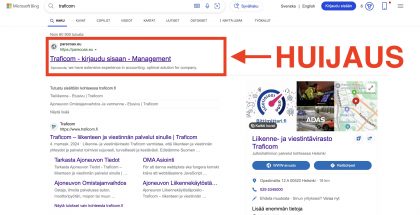 Traficomia haettaessa Bingissä ensimmäisenä näkyy nyt maksettuna mainoksena huijaussivu.