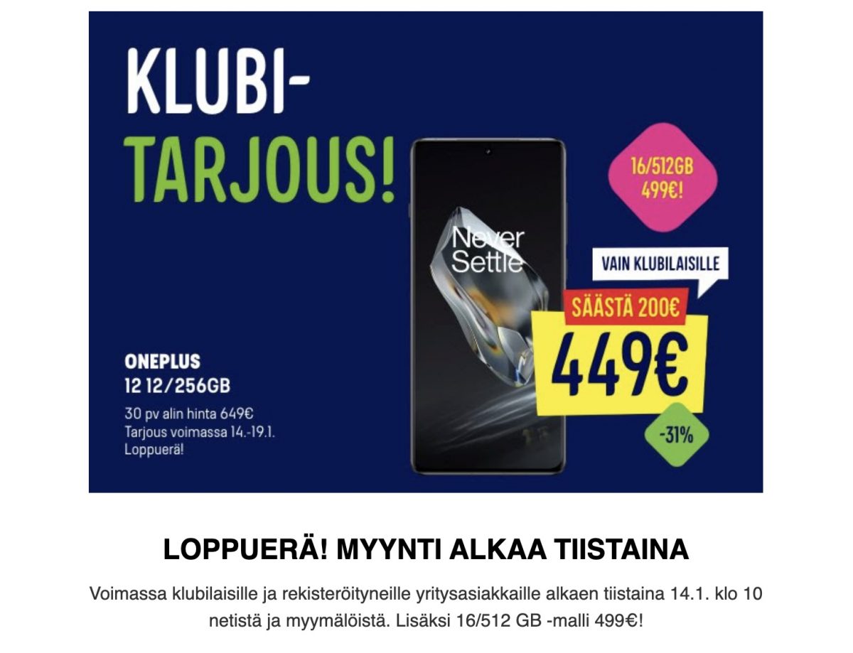 Gigantti kertoo myyvänsä OnePlus 12:n loppuerän edullisissa tarjouksissa.