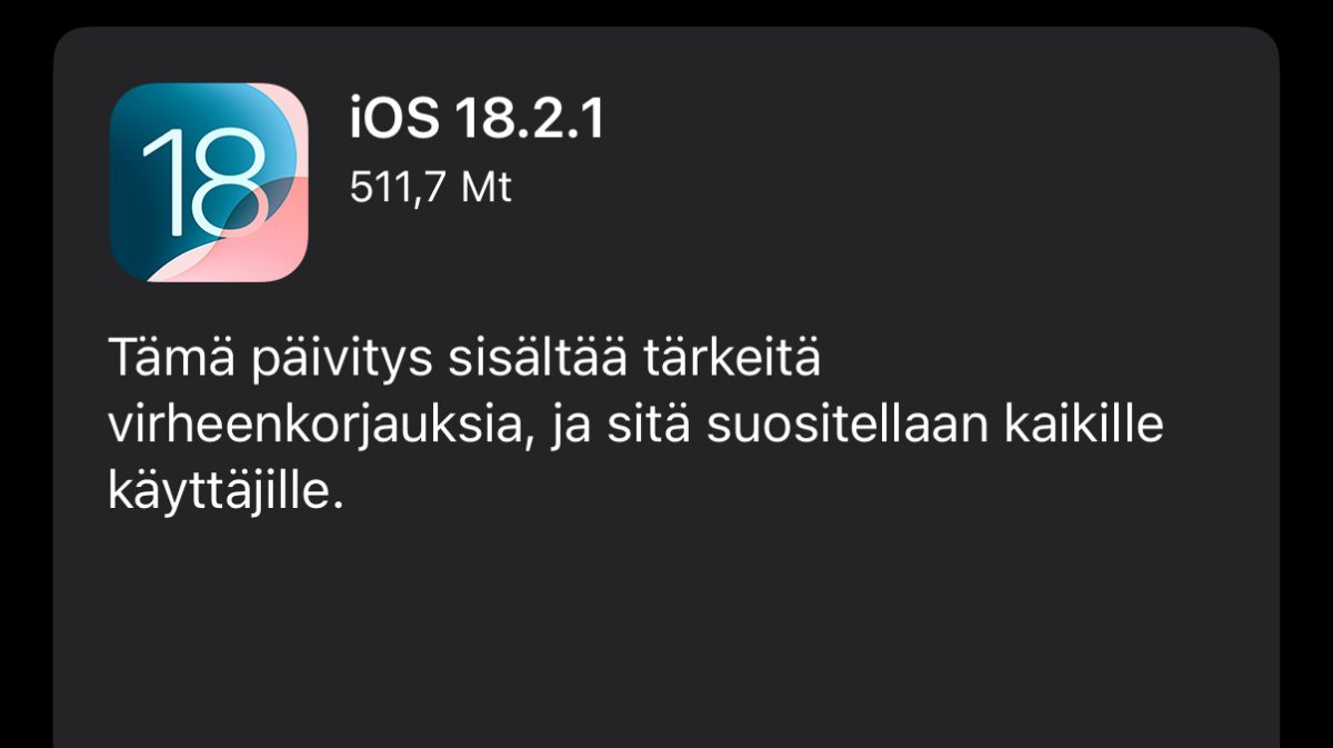 iOS 18.2.1 on nyt ladattavissa.