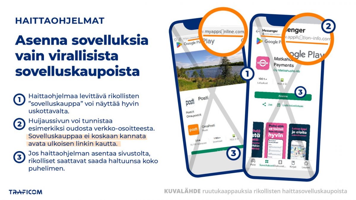 Kyberturvallisuuskeskus varoittaa sovelluskaupoiksi tekeytyneistä huijaussivuista.