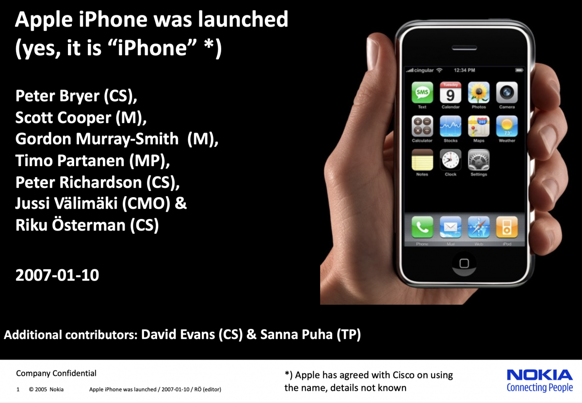 Nokian sisäisen 10. tammikuuta 2007 päivätyn iPhone-lanseerausta analysoivan ja Nokialle toimiva ehdottavan esityksen kansi. Nokia Design Archive / Aalto-yliopisto.
