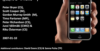 Nokian sisäisen 10. tammikuuta 2007 päivätyn iPhone-lanseerausta analysoivan ja Nokialle toimiva ehdottavan esityksen kansi. Nokia Design Archive / Aalto-yliopisto.