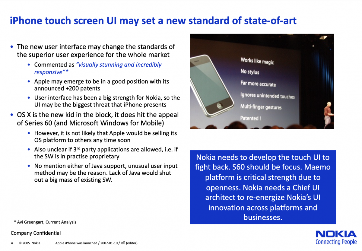 Nokian sisäinen iPhone-lanseerauksen jälkeinen esitys sisältää jo vihjauksia siitä, miksi Nokia lopulta epäonnistui kilpailuun vastaamisessa. Nokia Design Archive / Aalto-yliopisto.