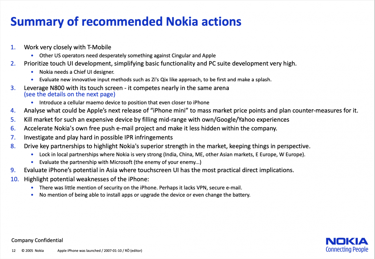 Nokian sisäisessä iPhone-esityksessä listattuja suositeltuja toimenpiteitä Nokialle. Nokia Design Archive / Aalto-yliopisto.