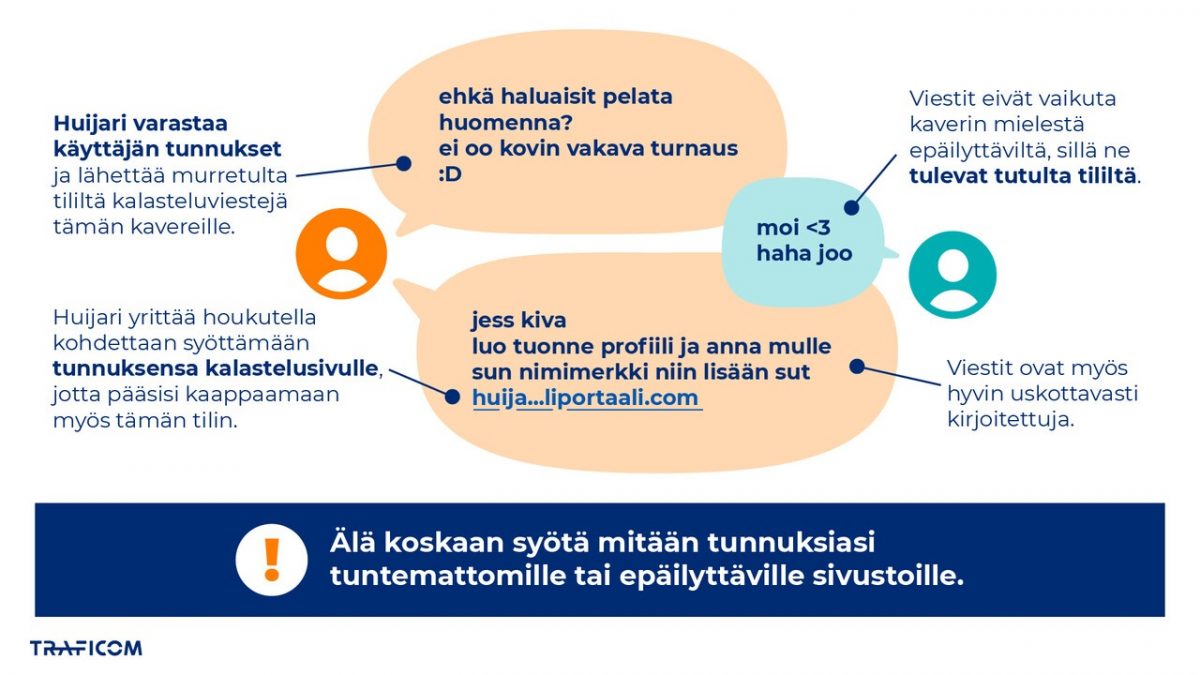 Kyberturvallisuuskeskus varoittaa pelitunnusten kalastelusta.