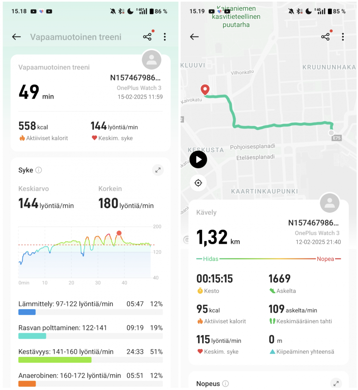 OHealthissa näkyviä tietoja treeneistä.