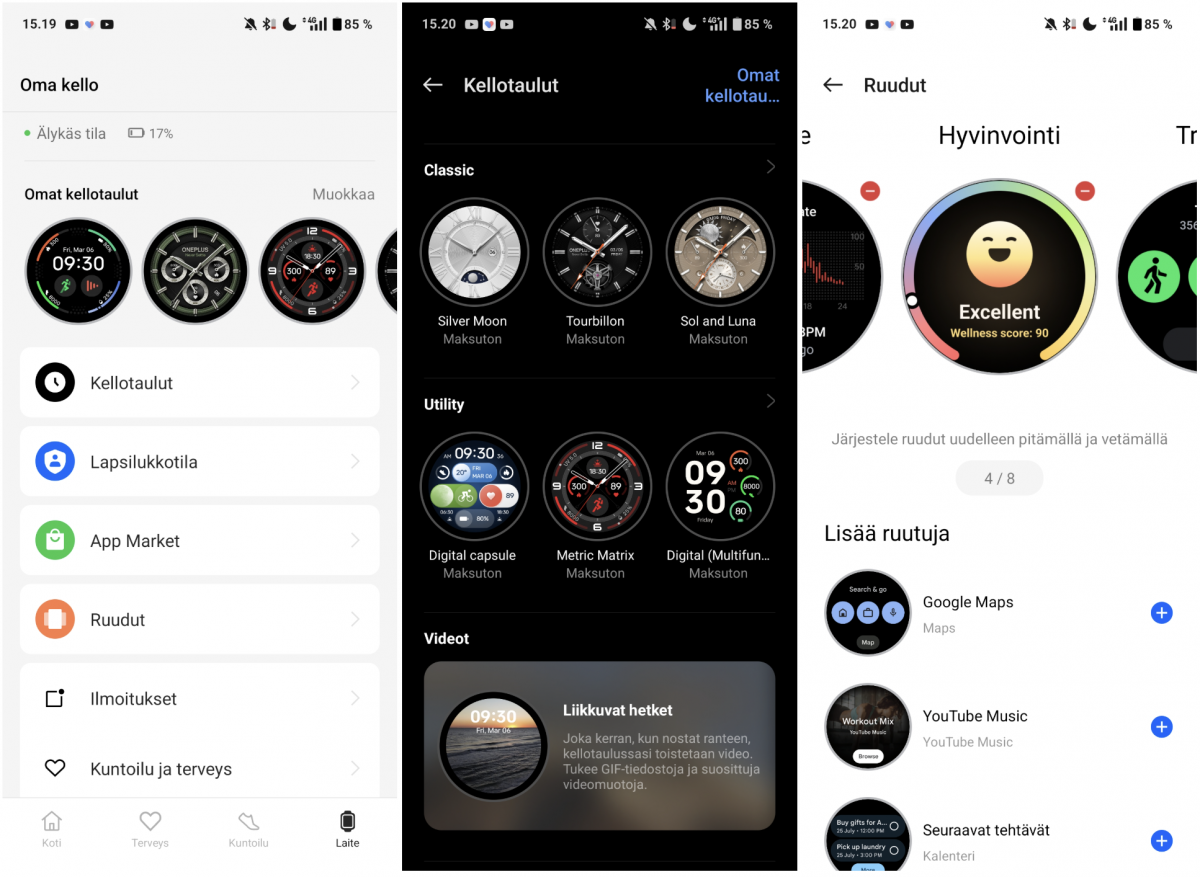 OHealth-sovelluksella tapahtuu myös OnePlus Watch 3:n asetusten hallinta, ja sillä voi ladata ja muokata uusia kellotauluja.