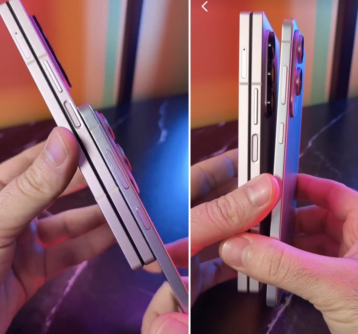 Galaxy S25 Edgen paksuus vertailussa Galaxy Z Fold6:n kanssa. Kuvankaappaukset videolta.