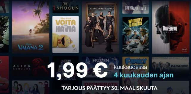 Hyödynnä huipputarjous: tilaa Disney+ nyt alkaen vain 1,99 € / kk neljän kuukauden ajaksi