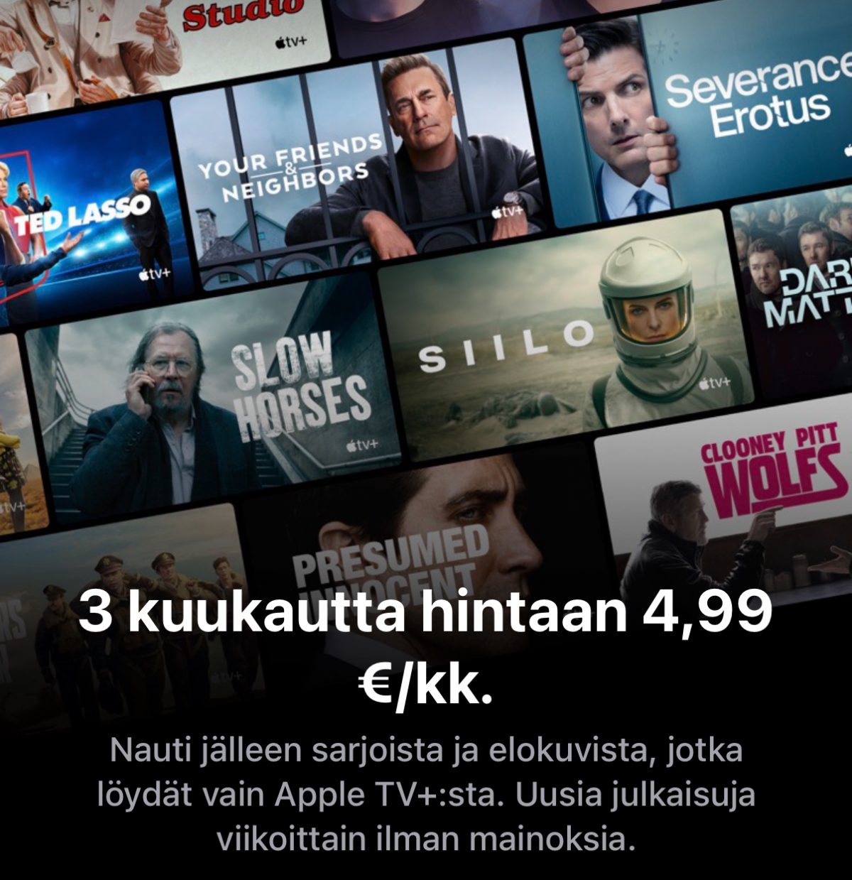 Apple TV+:n saa nyt tarjouksen myötä edullisemmin kolmeksi kuukaudeksi.