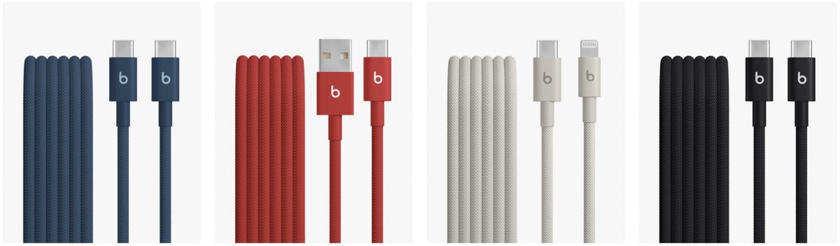 Beats-kaapelien värit ja mallit. Sähäkkä sininen -niminen väri on saatavilla vain USB-C-USB-C-kaapelista.