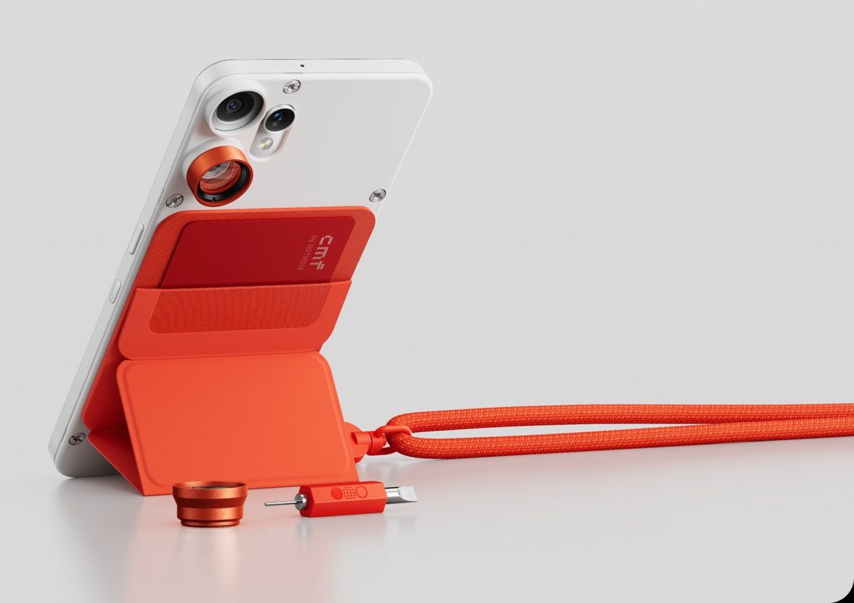 CMF Phone 2 Pro, jossa Universal-kuori, lompakko- ja seisontatukivaruste, lisälinssi kamerassa sekä kantohihna.