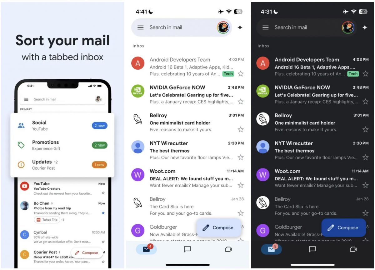 Vasemmalla Gmail iPhonessa ennen päivitystä. Keskellä ja oikealla Material 3 -muotokieleen päivittynyt Gmail. Kuva: 9to5Google.