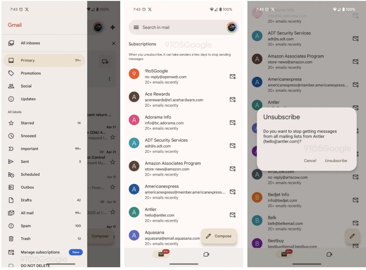Gmail saa uuden uutiskirje- ja muiden markkinointiviestien tilausten hallintanäkymän. Kuva: 9to5Google.