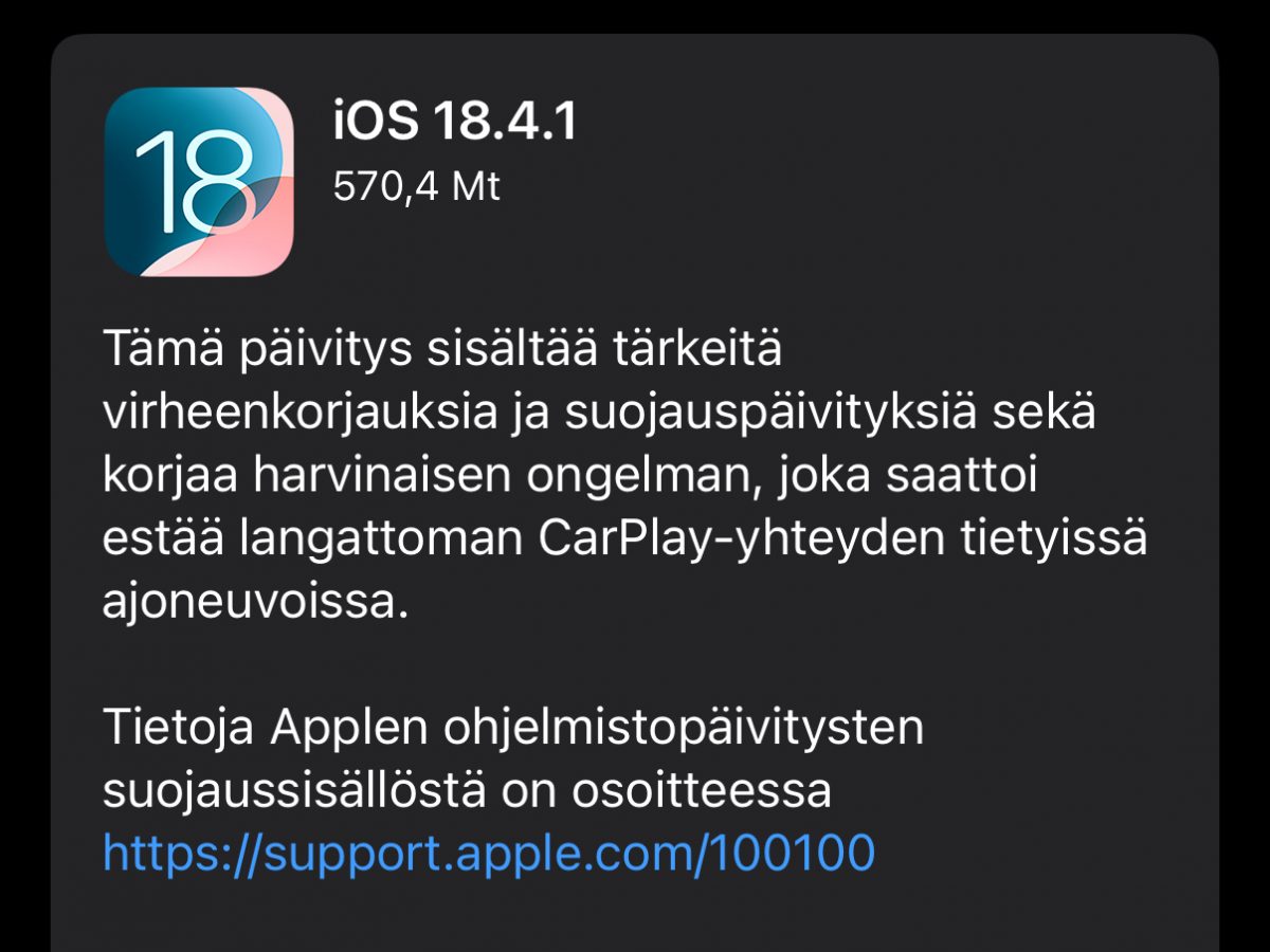 Muun muassa iOS 18.4.1 on nyt ladattavissa.