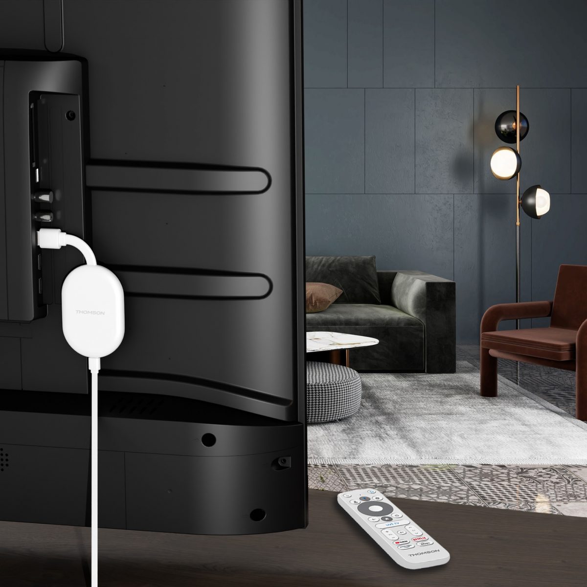 Thomson Cast 150 kytketään television taakse HDMI-liitäntään. Virtansa laite saa USB-C-liitännän kautta.