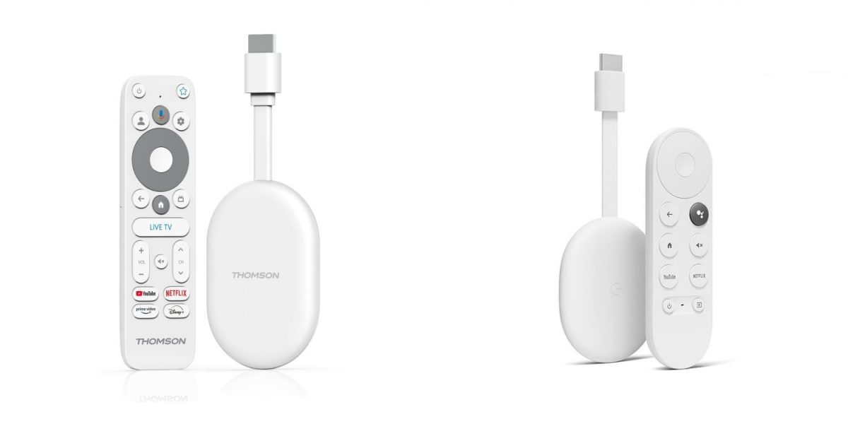 Vasemmalla Thomson Cast 150, oikealla Google Chromecast with Google TV.