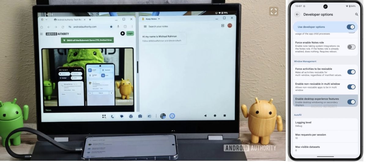Googlen työpöytätila Android 16:n beetatestiversiossa. Kuva: Android Authority.
