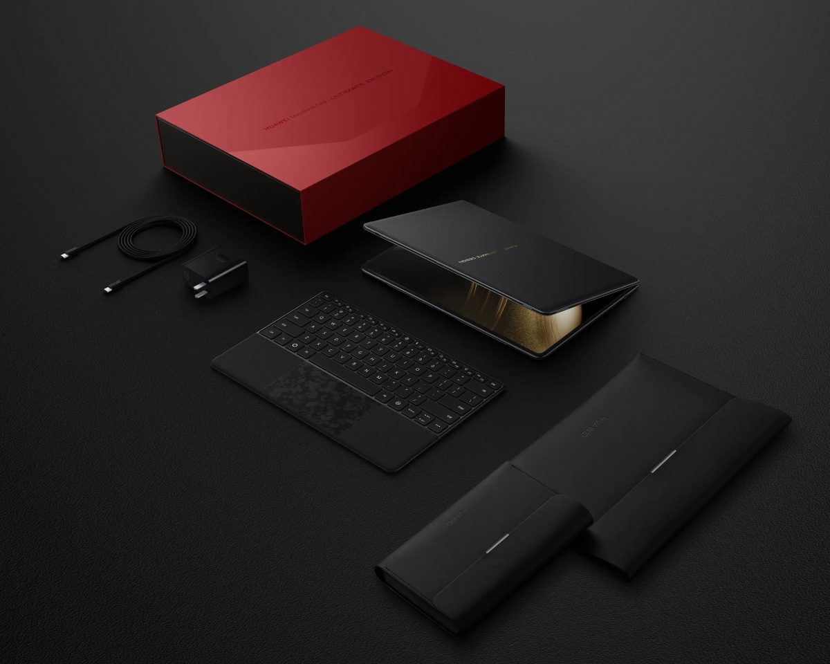 Huawei MateBook Fold, näppäimistö ja muita varusteita.