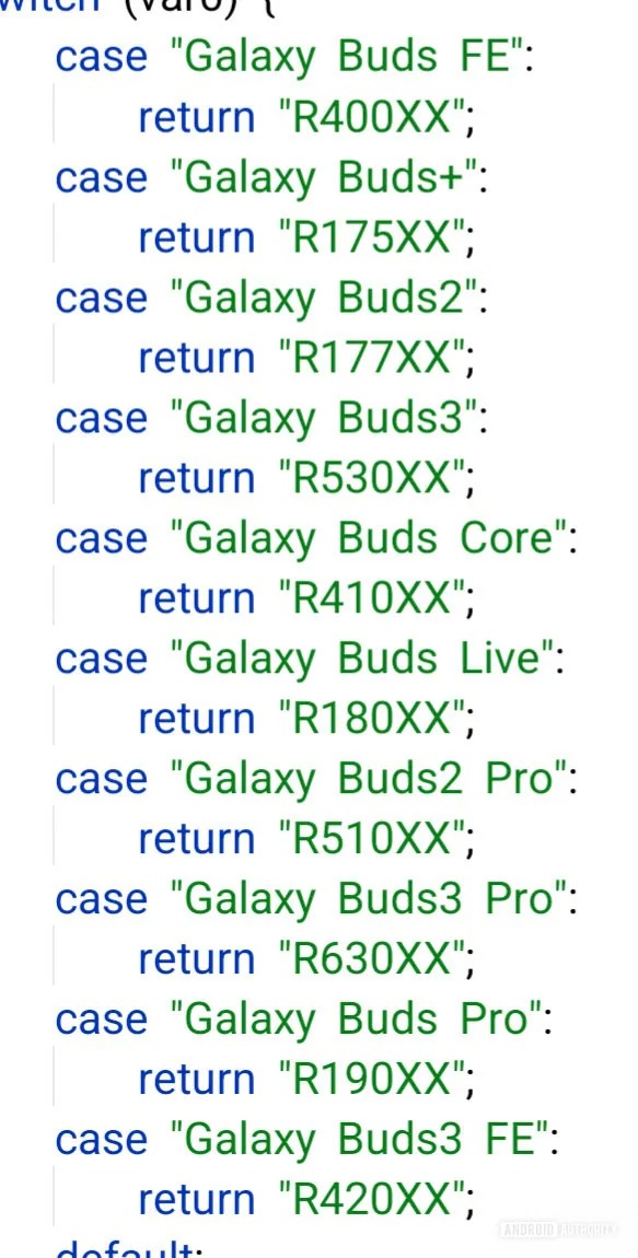 Galaxy Buds3 FE ja Galaxy Buds Core mainittu. Kuva: Android Authority.