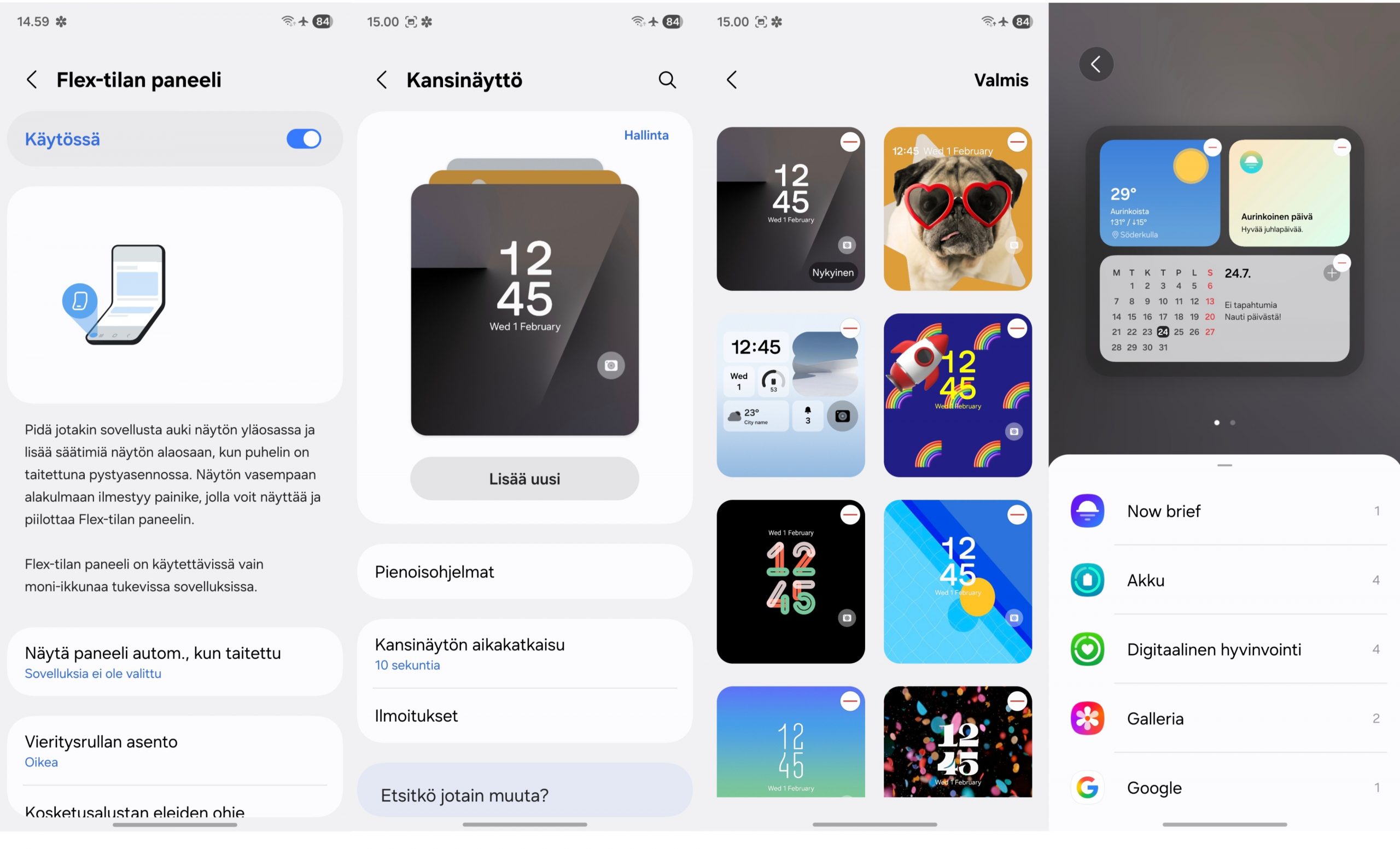 Kansinäytön asetuksia. Good Lock -sovellus avaa lisää vaihtoehtoja.