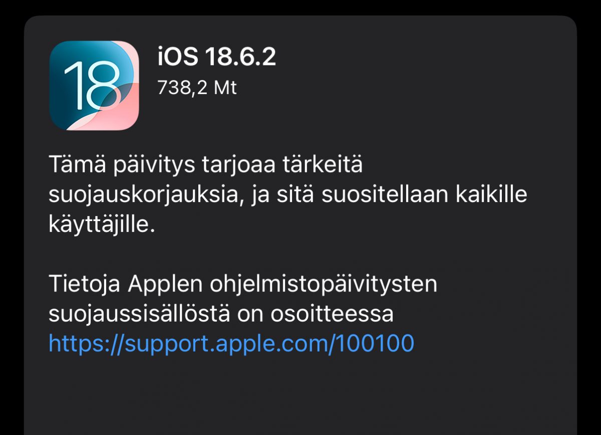 iOS 18.6.2 on nyt ladattavissa.
