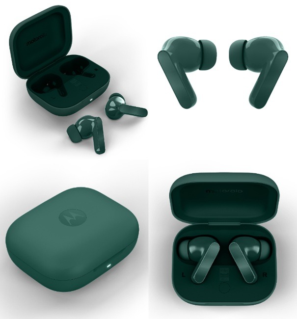 Moto Buds Bass -kuulokkeet ja latauskotelo Pantone Posy Green -värissä.