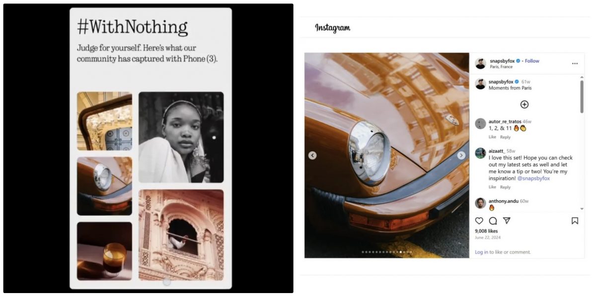 Nothing esitti "Phone (3):lla taltioituna" kuvia, jotka todellisuudessa eivät sitä olleet. Vasemmalla näyttökuva Nothingin esittelystä, oikealla mukana ollut kuva jo vuodelta 2023 valokuvaajan Instagramista.