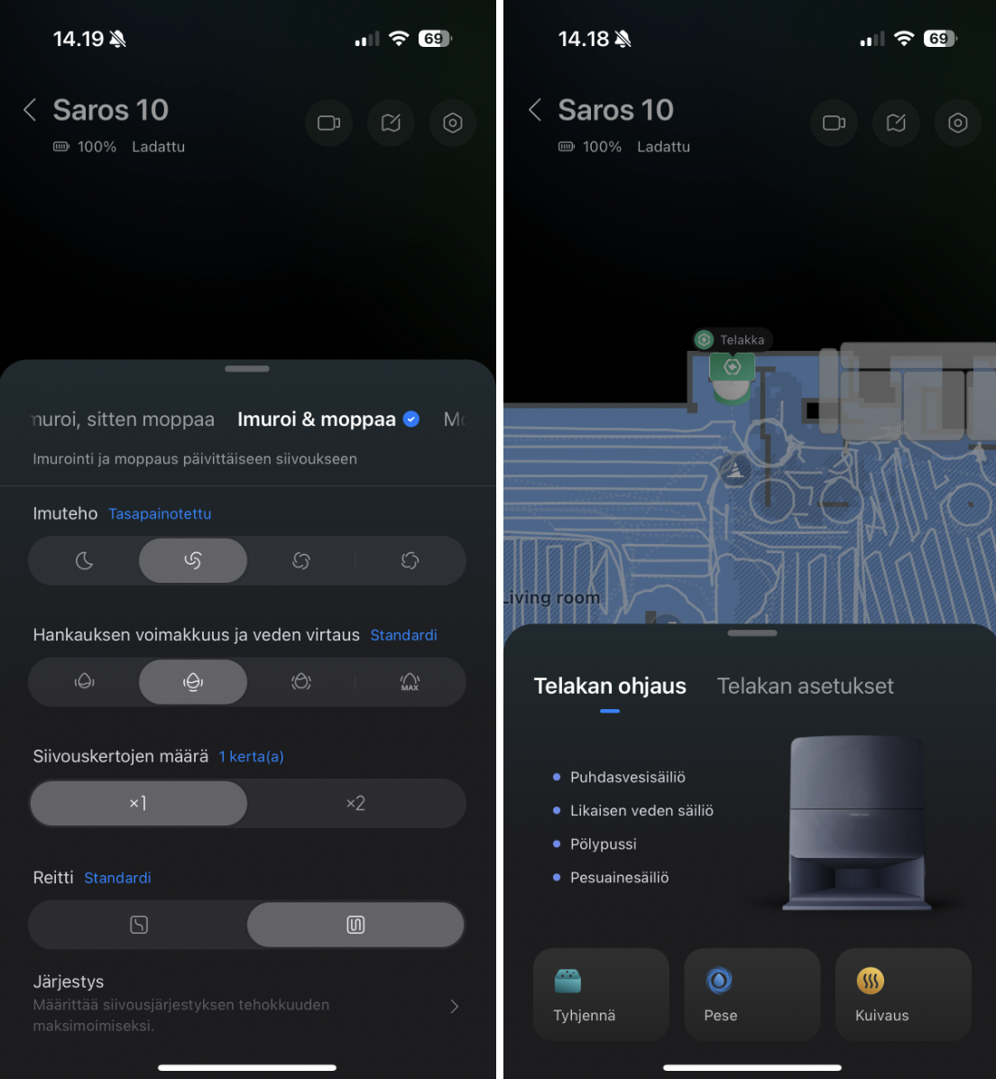 Roborockin sovelluksen siivouksen pikavalintavalikko on toimiva. Sovellus toimii vihdoin suomen kielellä.