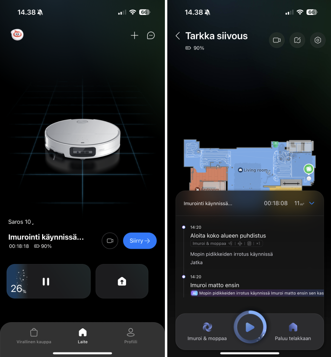 Kokonaisuutena Roborockin sovellus on ihan hyvä, joskin vaatii hieman perehtymistä monien valikoiden ja asetusten takia.