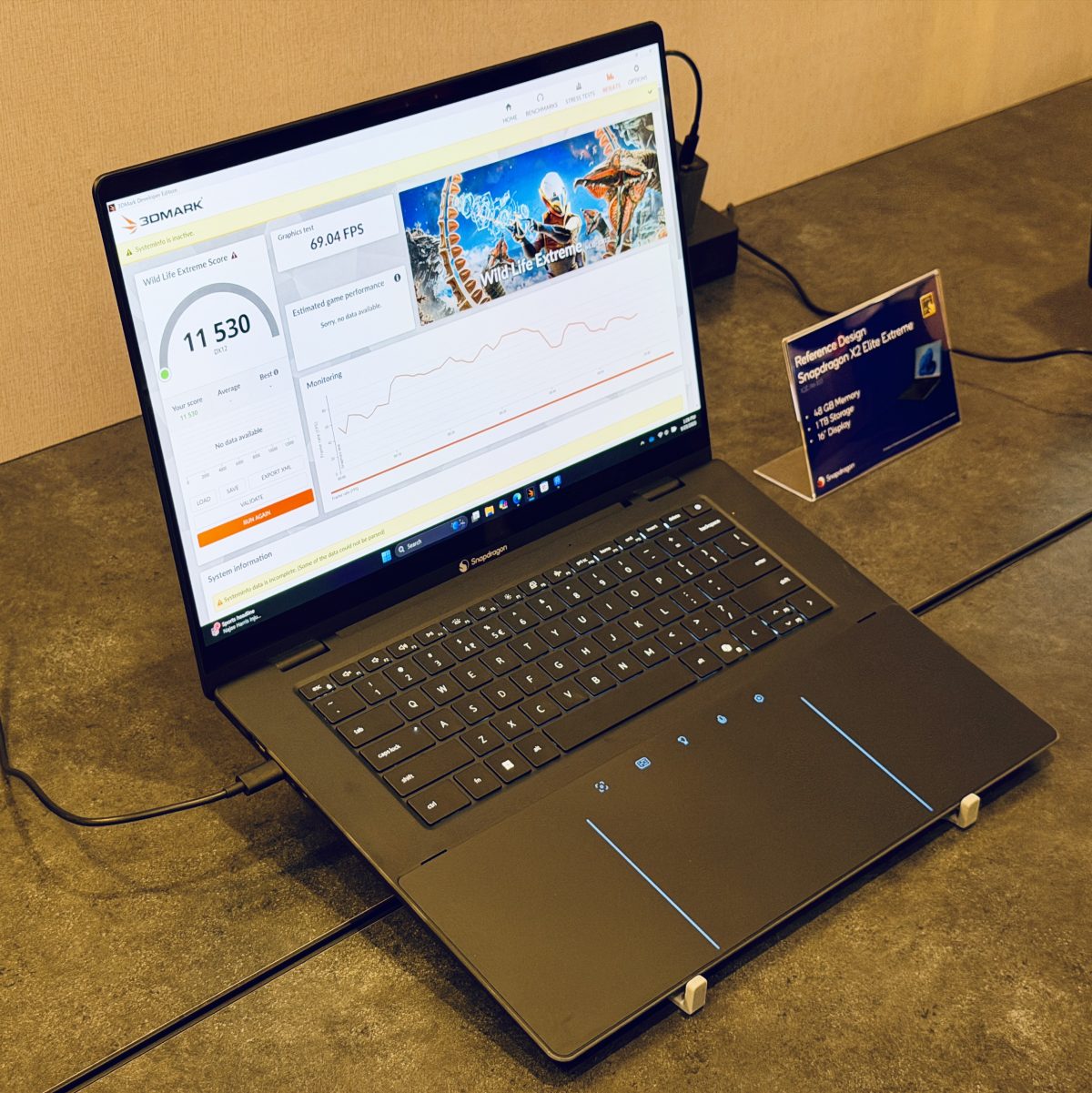 3DMark Wild Life Extreme -testin tulokset Qualcommin Snapdragon X2 Elite -referenssilaitteessa.
