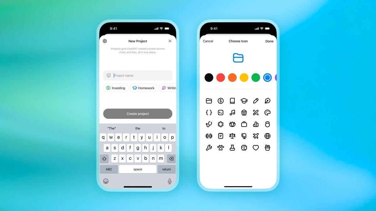 ChatGPT-projektin asetuksia mobiilisovelluksessa.