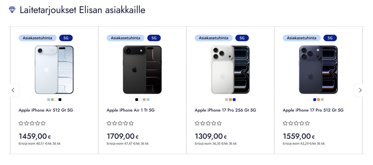 Elisa tarjoaa asiakasetuhintoina 50 euron alennusta kaikista uusista iPhone-malleista.