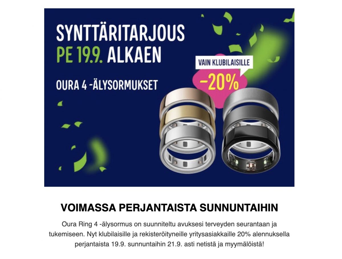 Oura Ring 4 on saatavilla 20 prosentin alennuksella Gigantista 19.-21. syyskuuta.