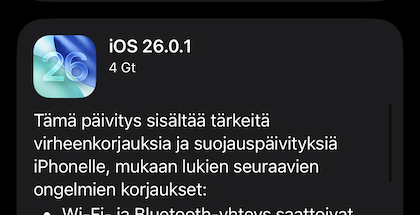 iOS 26.0.1 on nyt ladattavissa.