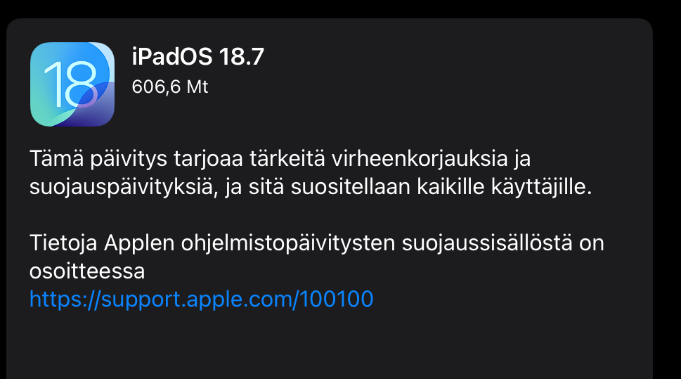 Muun muassa iPadOS 18.7 on ladattavissa.
