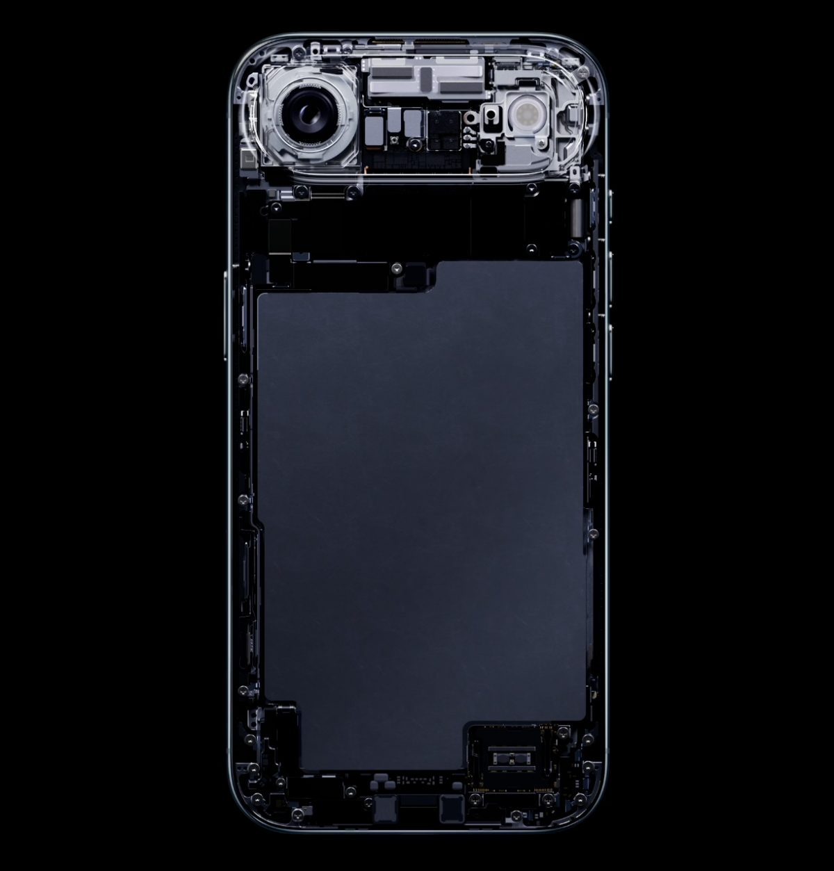 Monet iPhone Airin sisäiset komponentit on sijoitettu yläosan kohouman alueelle jättäen tilaa akulle.