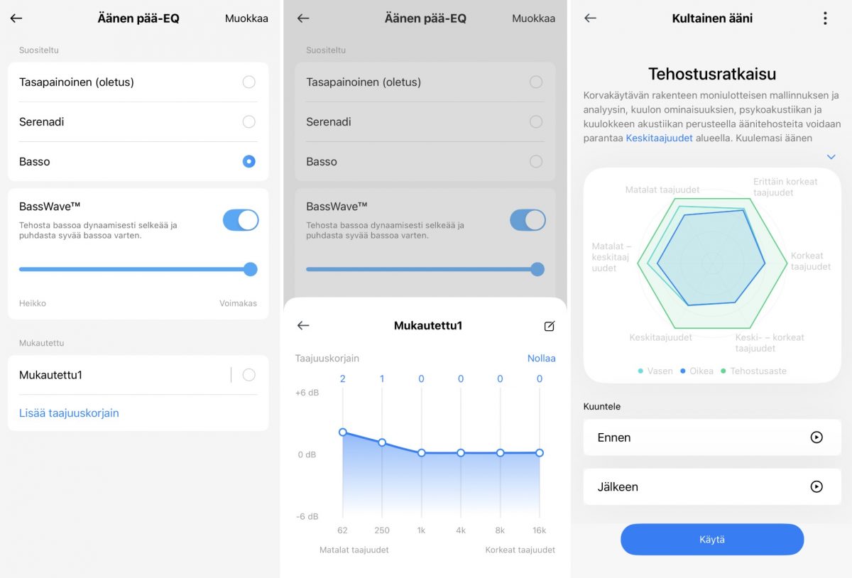 HeyMelody-sovellus tarjoaa taajuuskorjaimen. Kuvassa oikealla Kultainen ääni -toiminto.