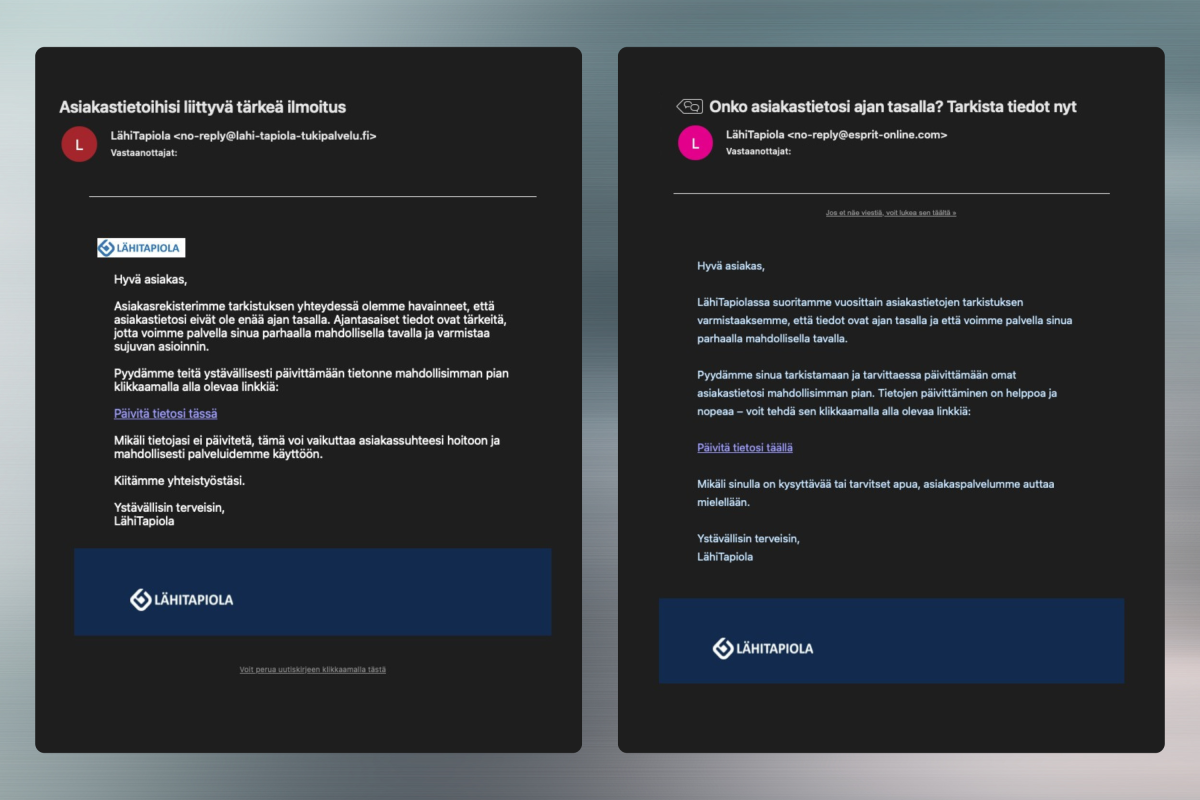 Huijausviesteissä hyödynnetään esimerkiksi LähiTapiolan nimeä ja logoa. Kuva: Suomen Telemarkkinointiliitto.
