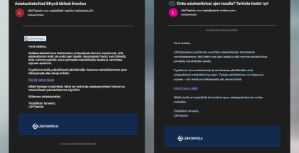Huijausviesteissä hyödynnetään esimerkiksi LähiTapiolan nimeä ja logoa. Kuva: Suomen Telemarkkinointiliitto.